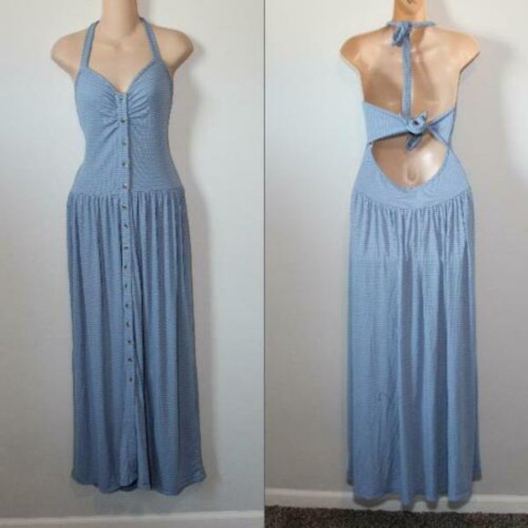 NWT Free People Nina Halter Maxi Dress Button Striped Blue Size Large H12299 - Picture 11 of 12